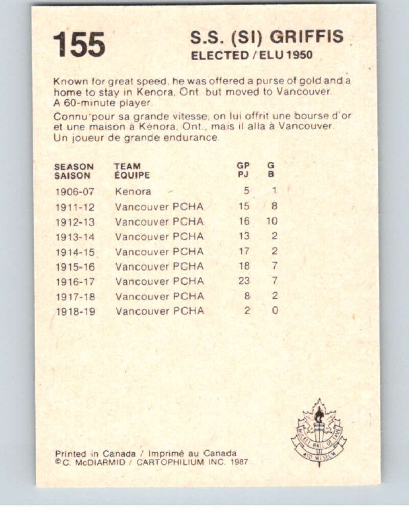 1987 Cartophilium Hockey Hall of Fame #155 Si Griffis V54117 Image 2