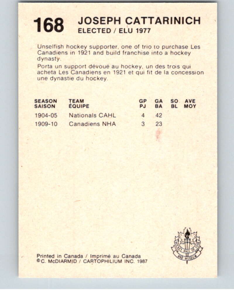 1987 Cartophilium Hockey Hall of Fame #168 Joseph Cattarinich V54130 Image 2