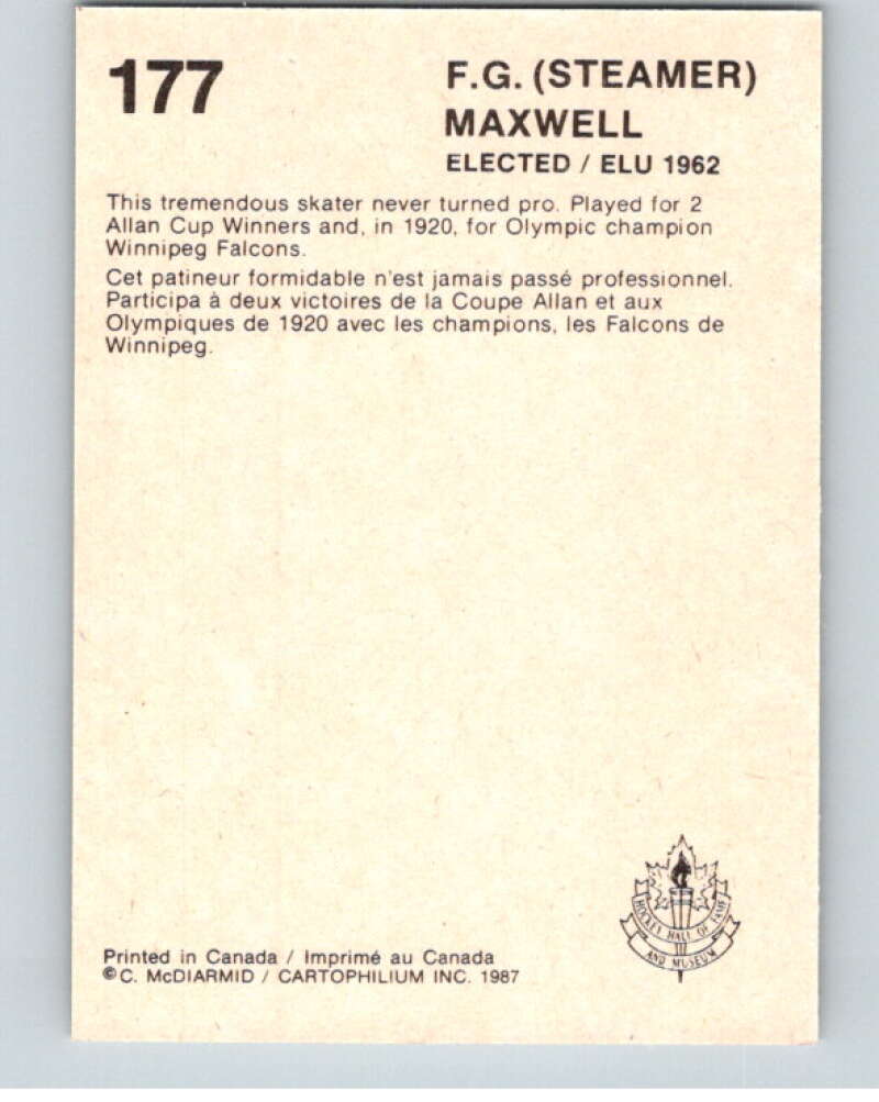 1987 Cartophilium Hockey Hall of Fame #177 Steamer Maxwell V54139 Image 2