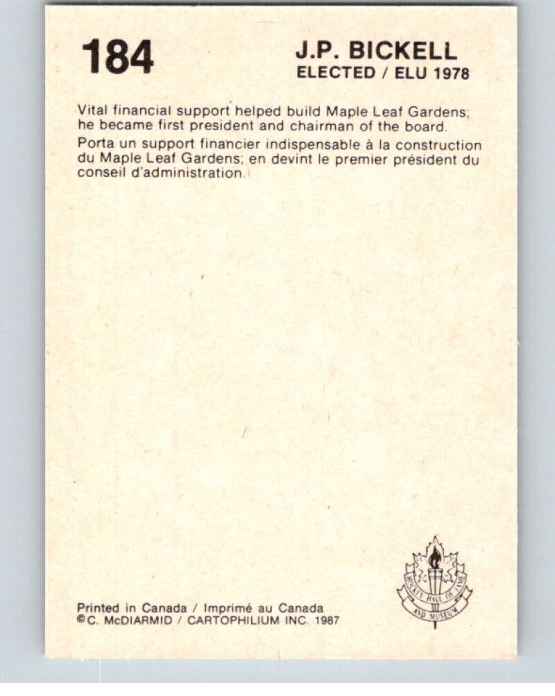 1987 Cartophilium Hockey Hall of Fame #184 J.P. Bickell V54146 Image 2