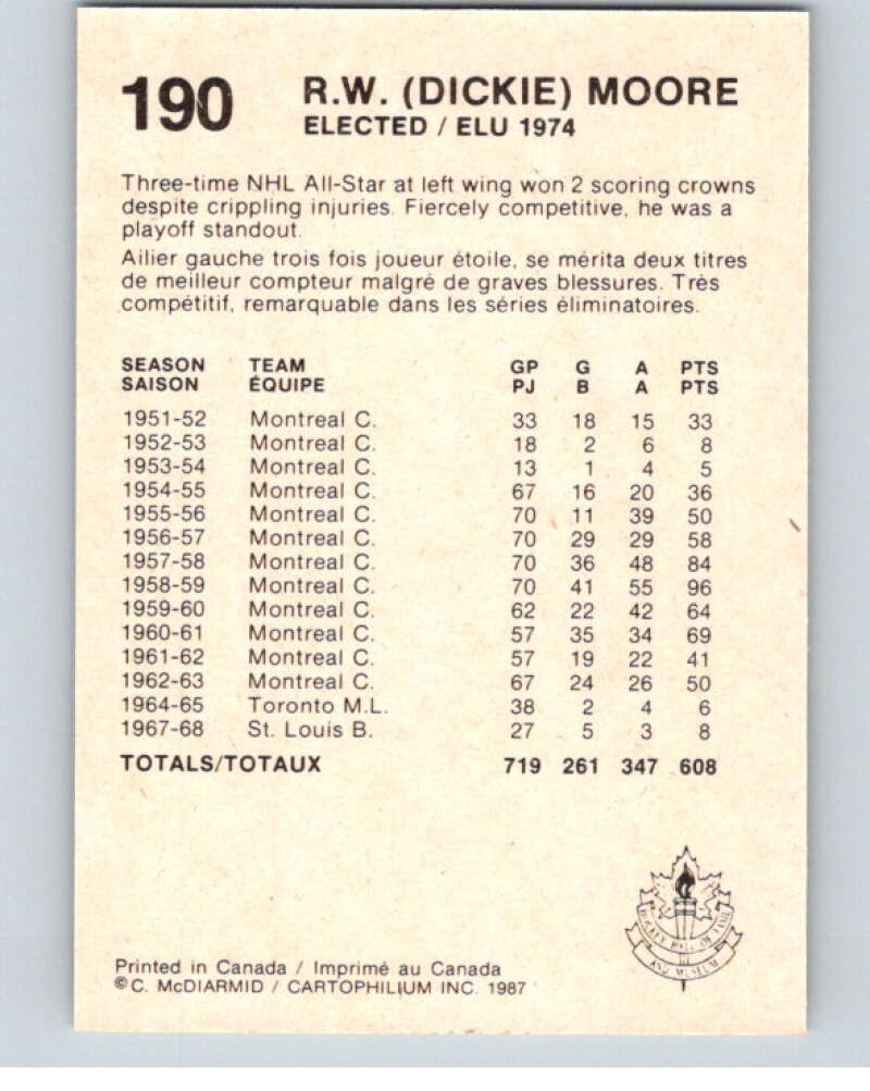 1987 Cartophilium Hockey Hall of Fame #190 Dickie Moore V54152 Image 2