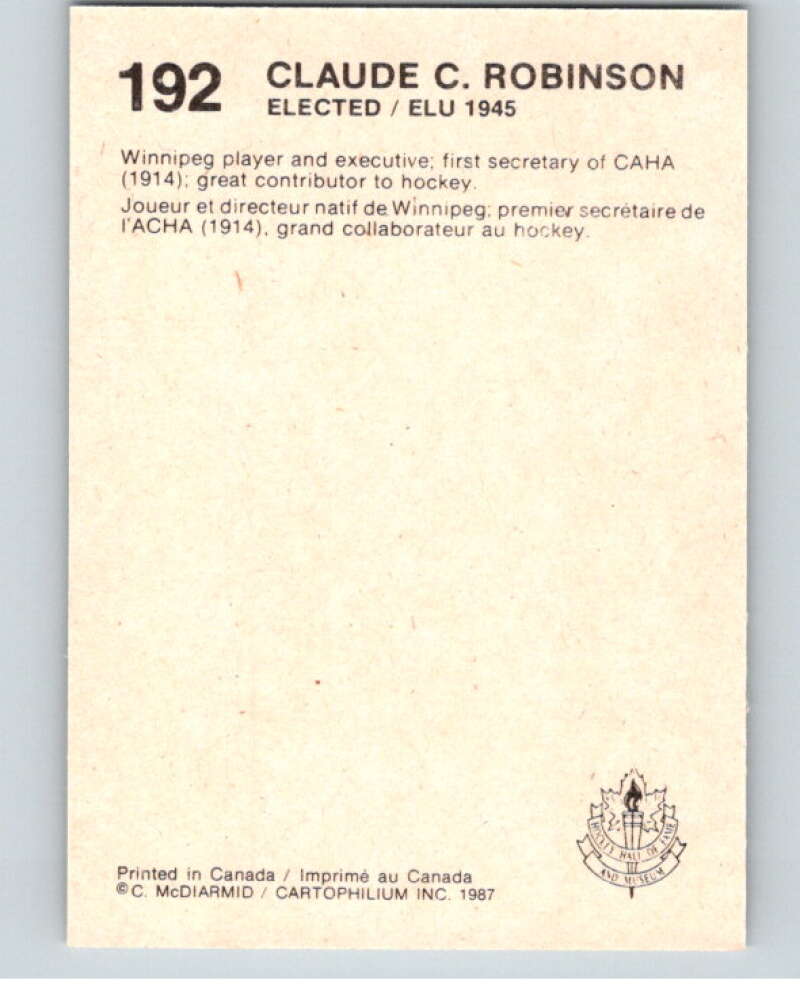 1987 Cartophilium Hockey Hall of Fame #192 Claude Robinson V54154 Image 2
