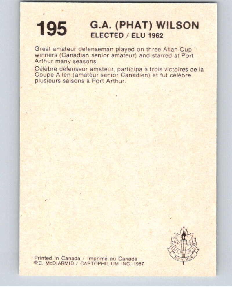 1987 Cartophilium Hockey Hall of Fame #195 Phat Wilson V54157 Image 2