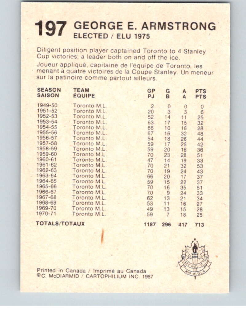 1987 Cartophilium Hockey Hall of Fame #197 George Armstrong V54159 Image 2