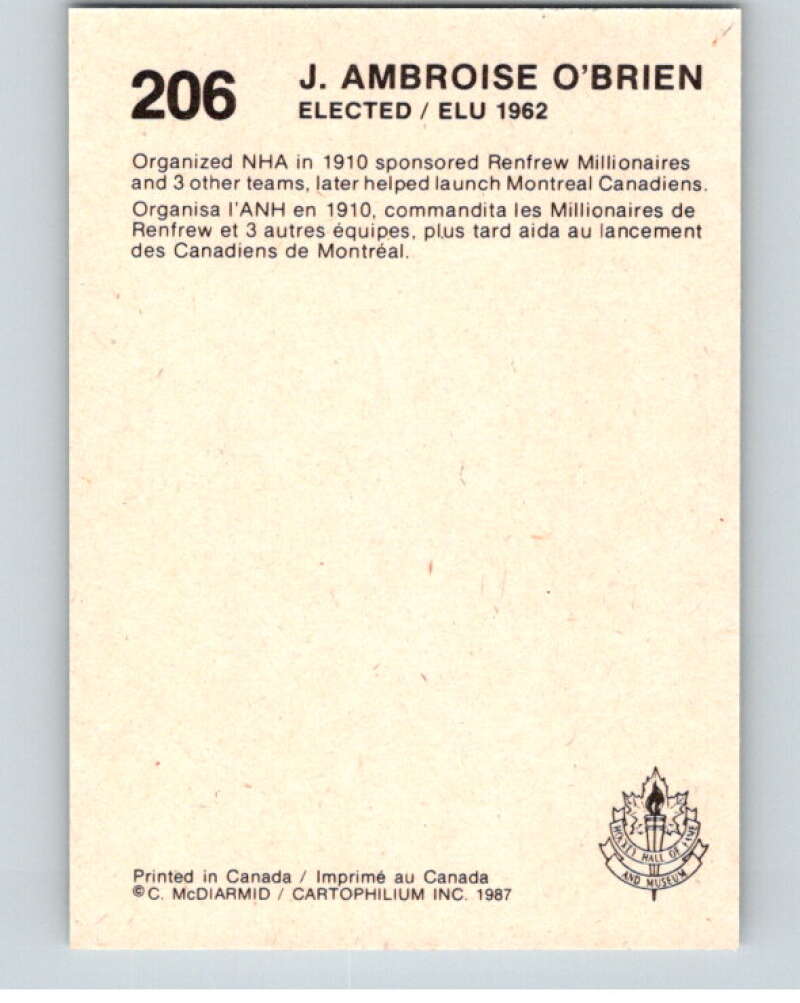 1987 Cartophilium Hockey Hall of Fame #206 Ambroise O'Brien V54168 Image 2