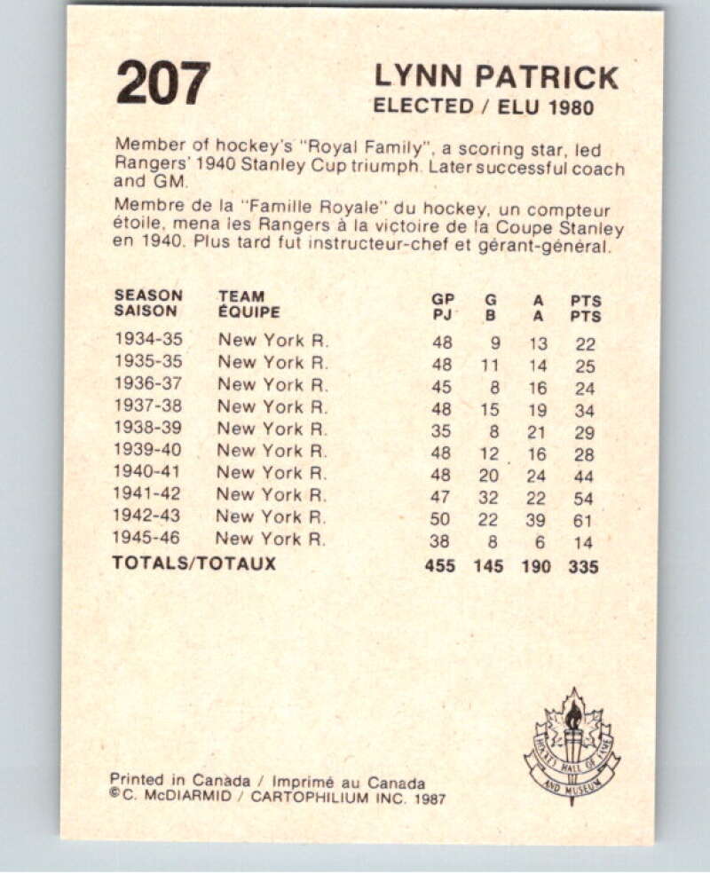 1987 Cartophilium Hockey Hall of Fame #207 Lynn Patrick V54169 Image 2