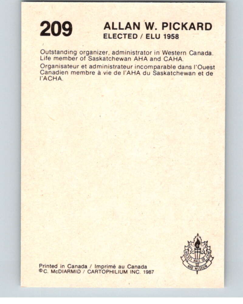 1987 Cartophilium Hockey Hall of Fame #209 Allan Pickard V54171 Image 2