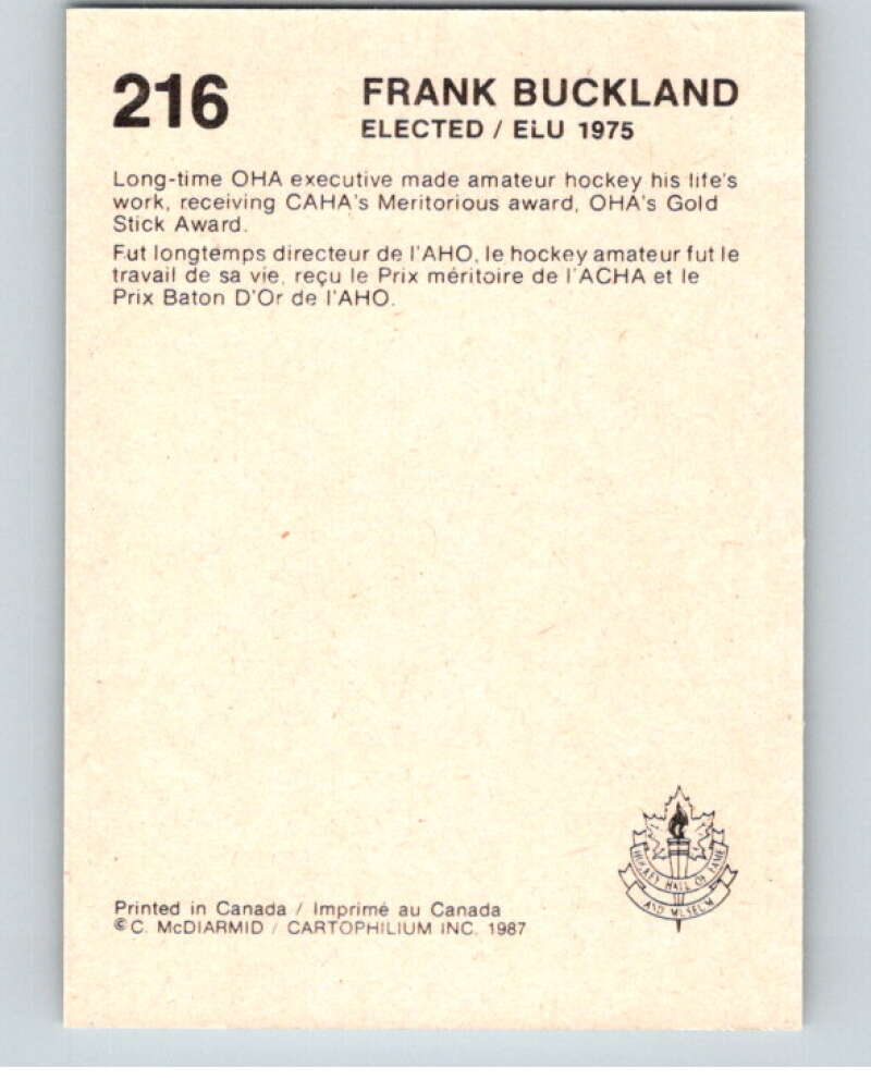 1987 Cartophilium Hockey Hall of Fame #216 Frank Buckland V54178 Image 2