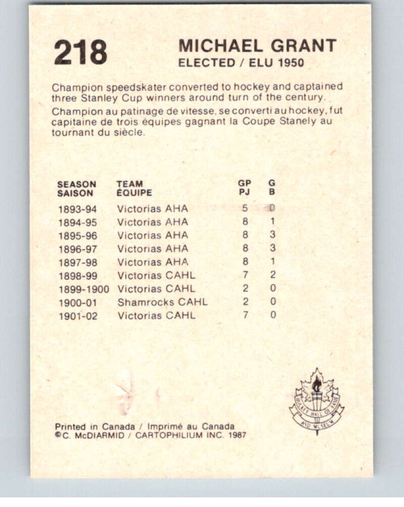 1987 Cartophilium Hockey Hall of Fame #218 Michael Grant  V54180 Image 2