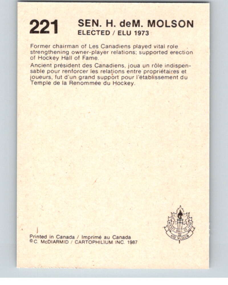 1987 Cartophilium Hockey Hall of Fame #221 Sen. H. Molson V54183 Image 2