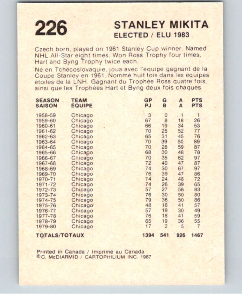 1987 Cartophilium Hockey Hall of Fame #226 Stanley Mikita V54188 Image 2