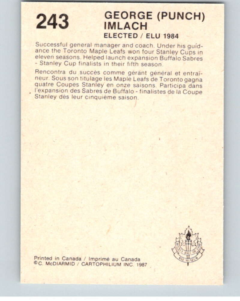 1987 Cartophilium Hockey Hall of Fame #243 Punch Imlach V54204 Image 2