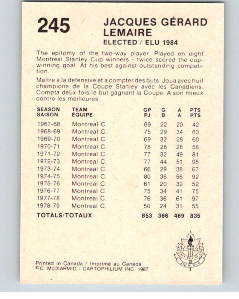 1987 Cartophilium Hockey Hall of Fame #245 Jacques Lemaire V54206 Image 2