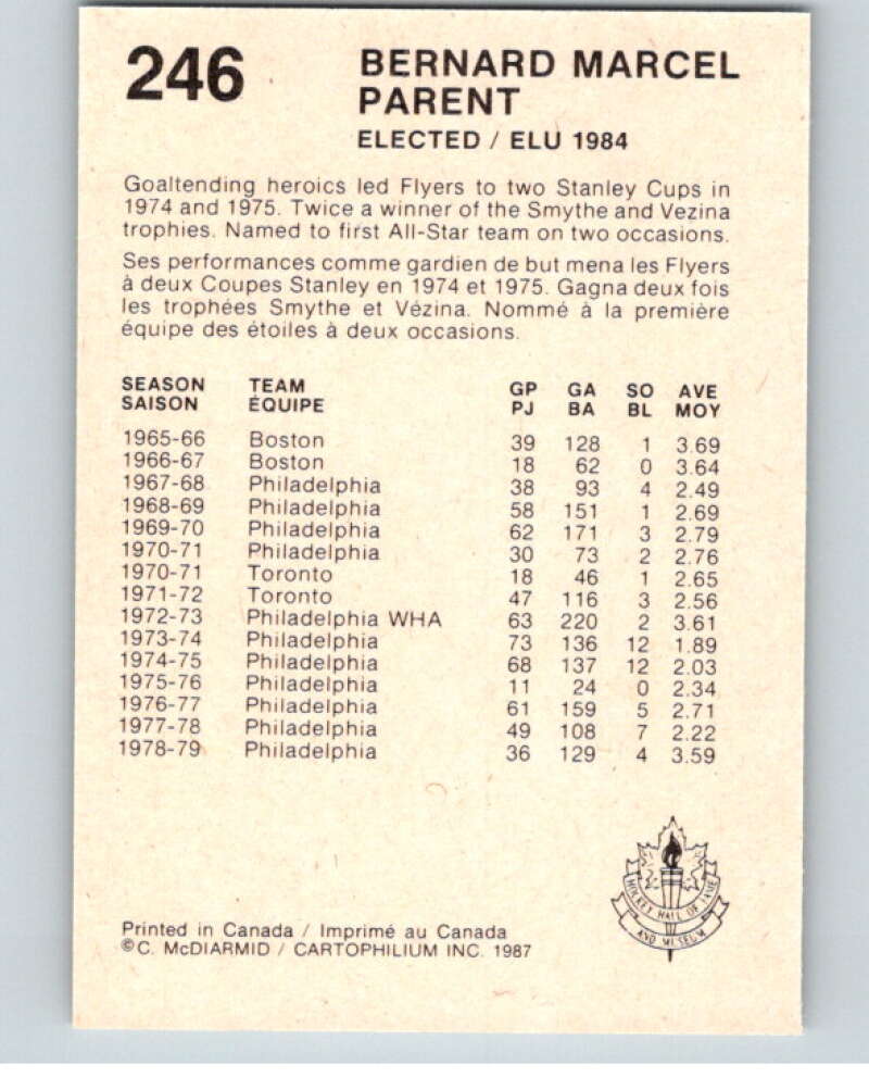 1987 Cartophilium Hockey Hall of Fame #246 Bernard Parent V54207 Image 2