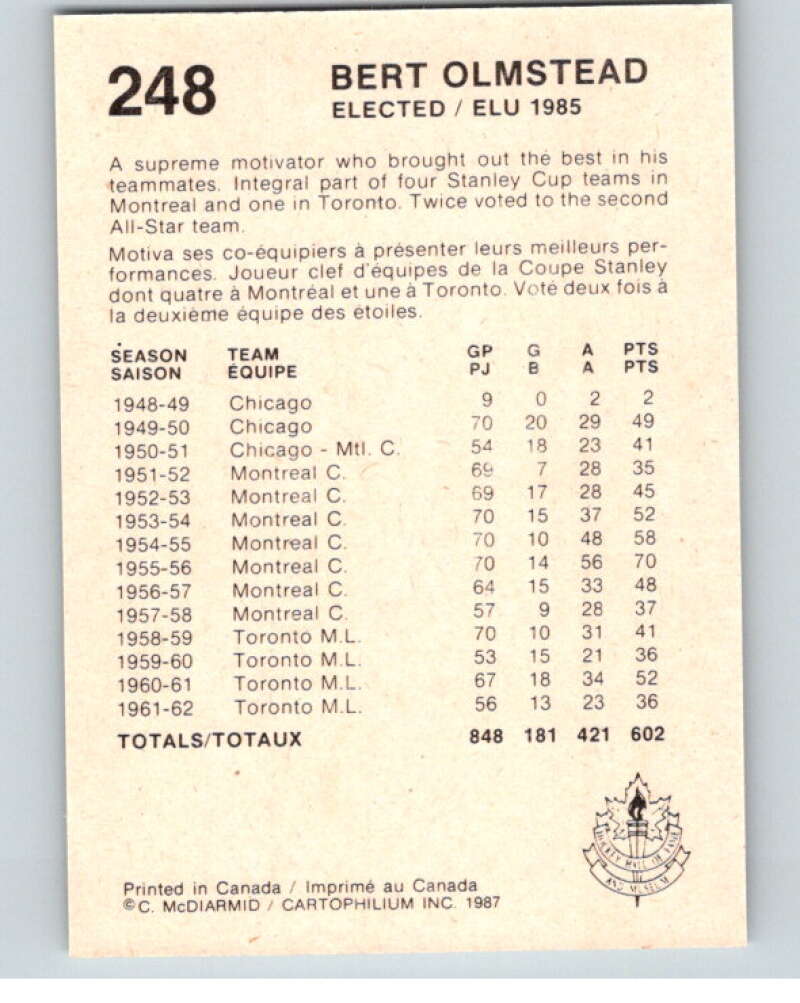 1987 Cartophilium Hockey Hall of Fame #248 Bert Olmstead V54209 Image 2