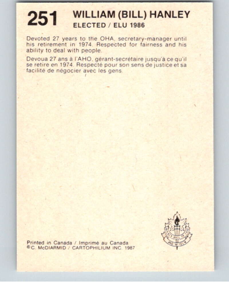 1987 Cartophilium Hockey Hall of Fame #251 Bill Hanley V54212 Image 2