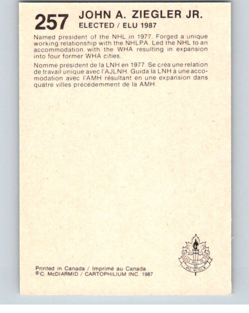 1987 Cartophilium Hockey Hall of Fame #257 John Ziegler V54218 Image 2