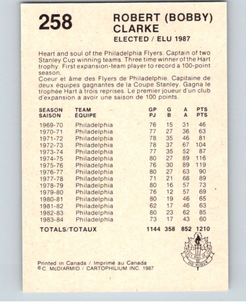 1987 Cartophilium Hockey Hall of Fame #258 Bobby Clarke V54219 Image 2