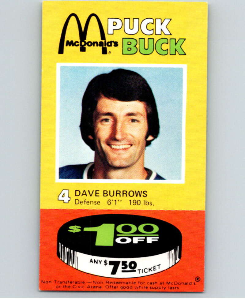 1977-78 McDonald's Puck Buck Hockey #4 Dave Burrows V54281 Image 1