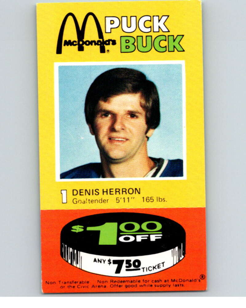 1977-78 McDonald's Puck Buck Hockey #1 Denis Herron V54282 Image 1
