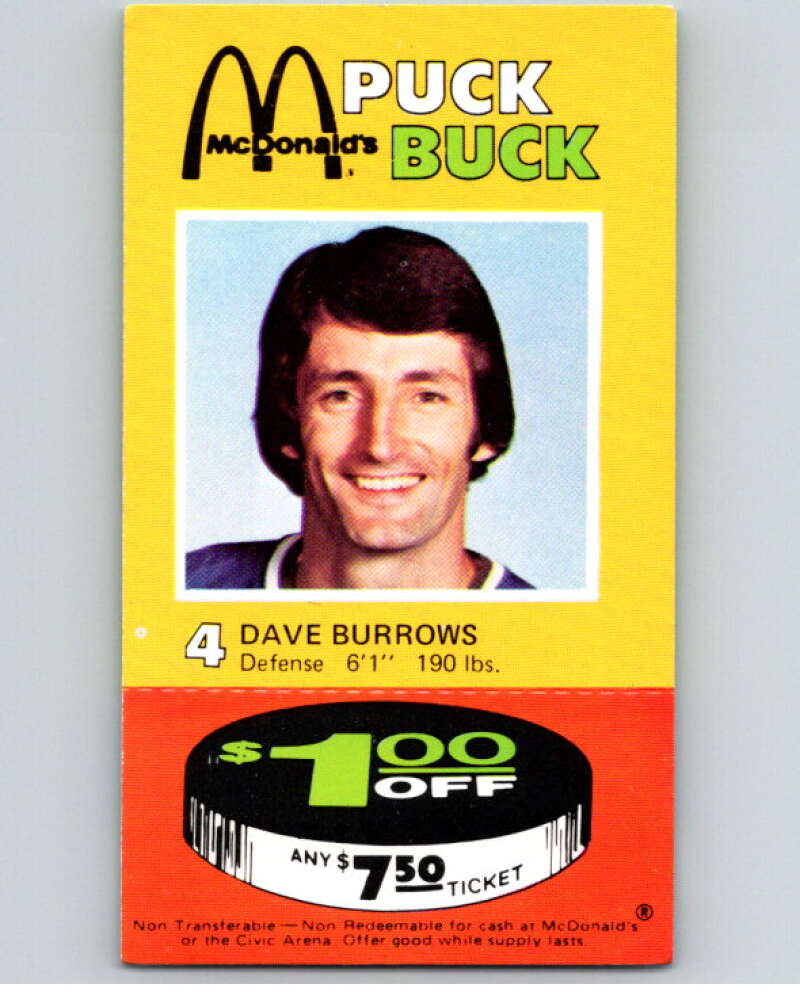 1977-78 McDonald's Puck Buck Hockey #4 Dave Burrows V54284 Image 1