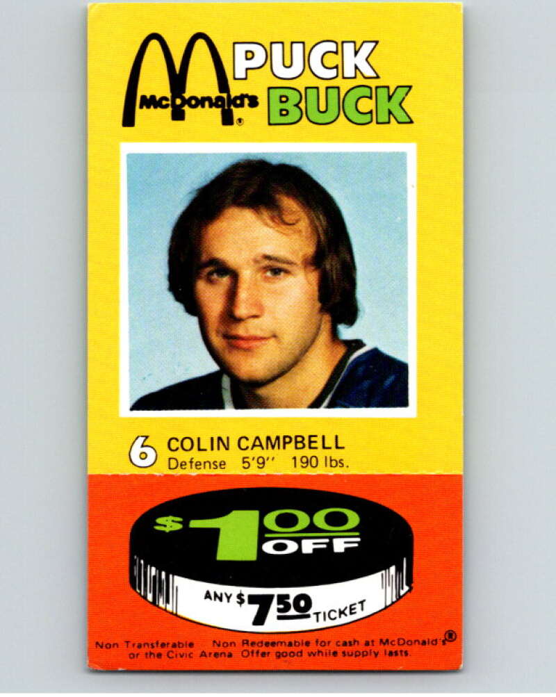 1977-78 McDonald's Puck Buck Hockey #6 Colin Campbell V54285 Image 1
