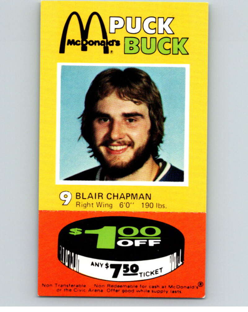 1977-78 McDonald's Puck Buck Hockey #9 Blair Chapman V54287 Image 1