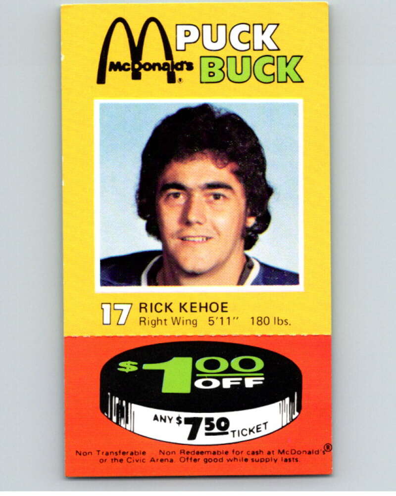 1977-78 McDonald's Puck Buck Hockey #17 Rick Kehoe V54291 Image 1