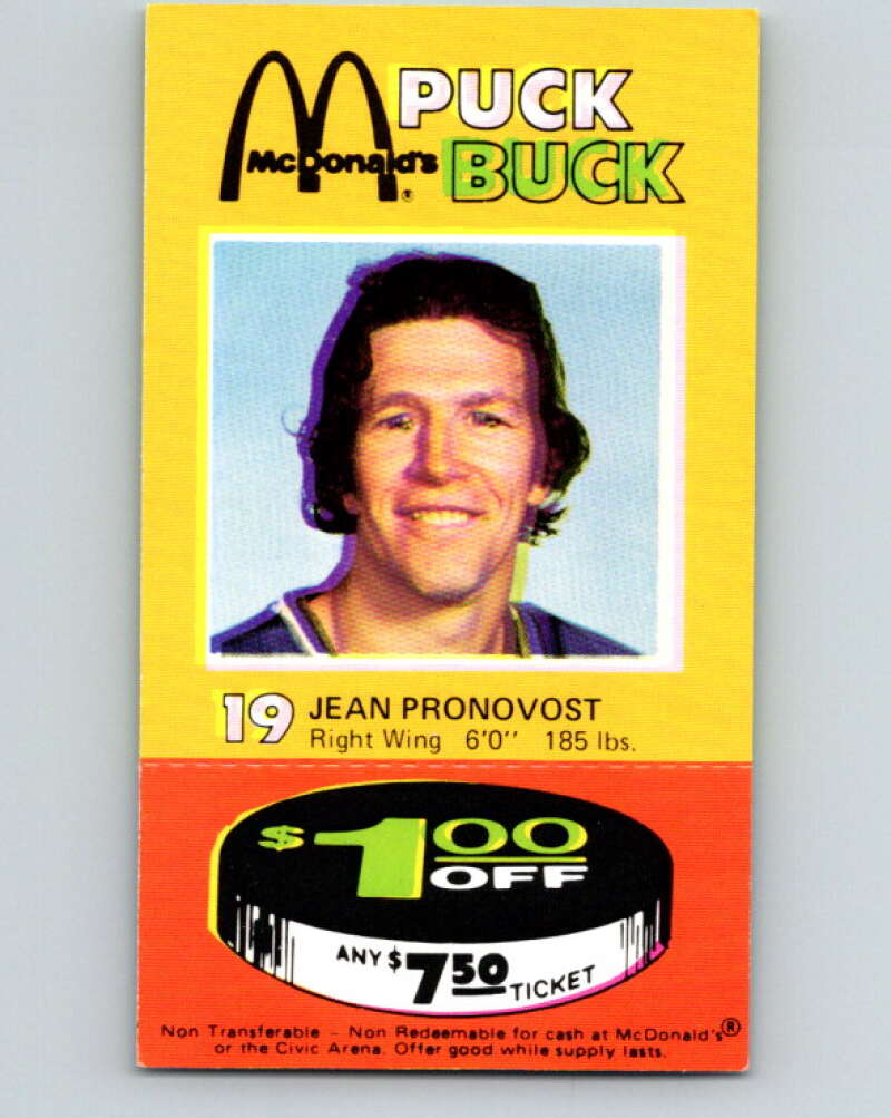 1977-78 McDonald's Puck Buck Hockey #19 Jean Pronovost V54293 Image 1