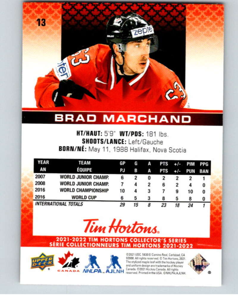 2021-22 Upper Deck Tim Hortons Team Canada #13 Brad Marchand V52546 Image 2