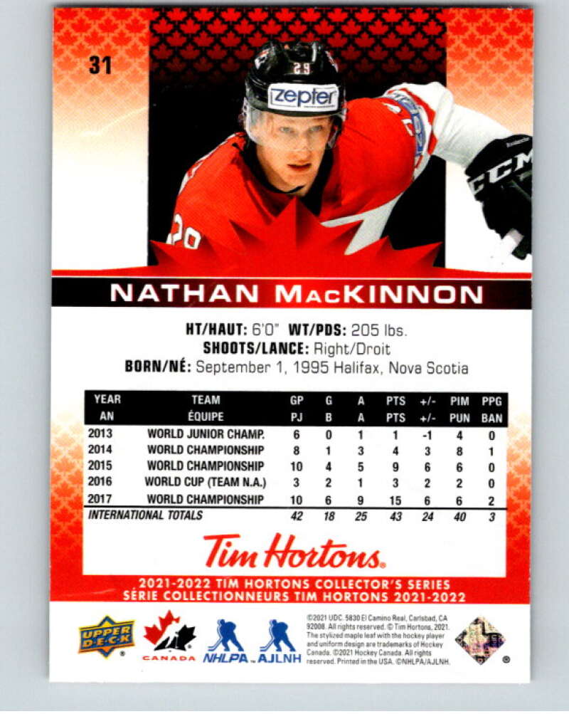 2021-22 Upper Deck Tim Hortons Team Canada #31 Nathan MacKinnon V52581 Image 2