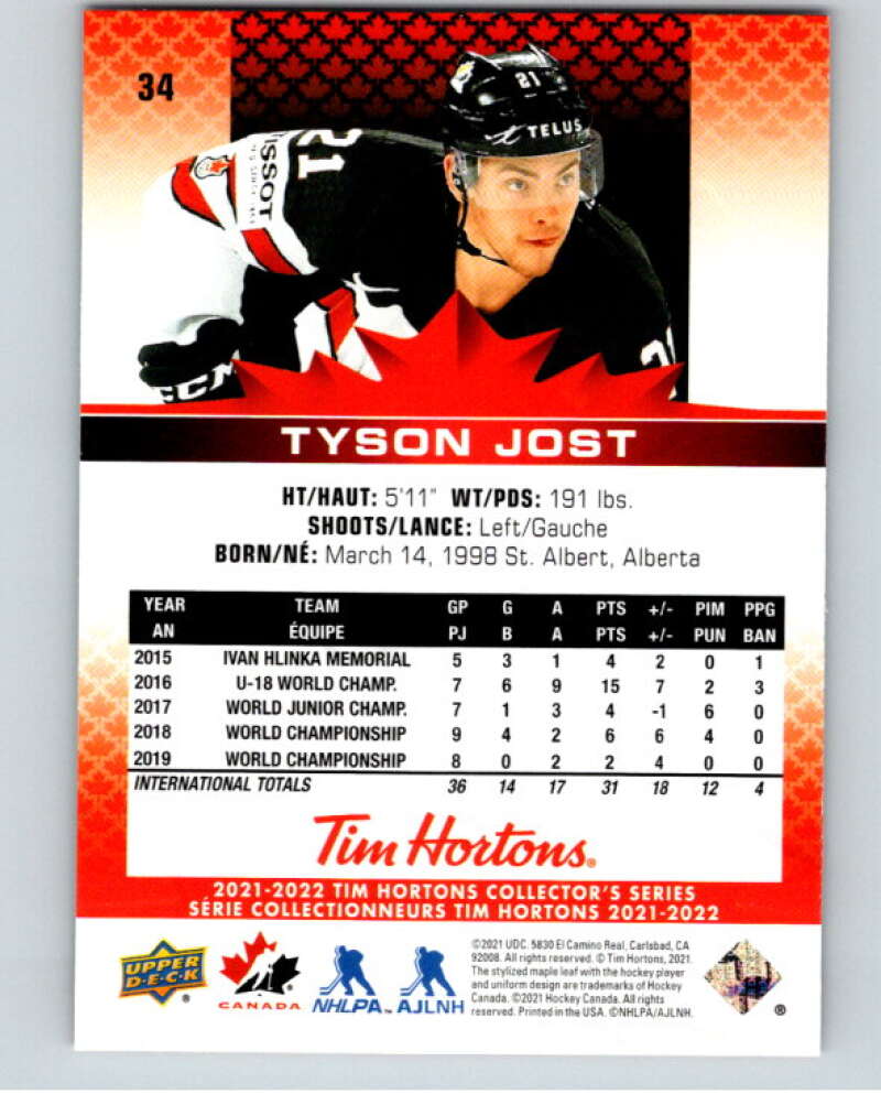 2021-22 Upper Deck Tim Hortons Team Canada #34 Tyson Jost V52587 Image 2