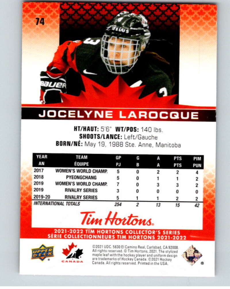 2021-22 Upper Deck Tim Hortons Team Canada  #74 Jocelyne Larocque    V52673 Image 2