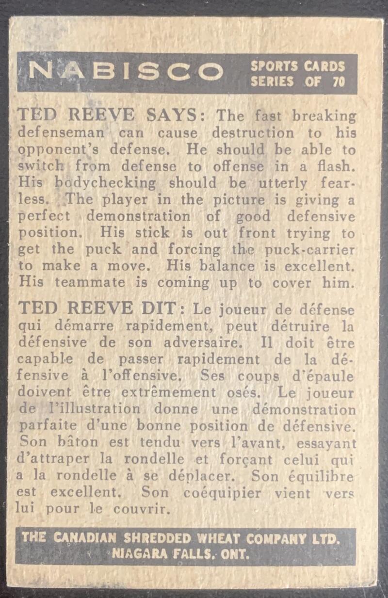 1955 Nabisco Sports Cards #68 Hockey Defensive Position V54395 Image 2
