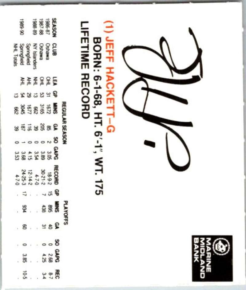 1990-91 New York Islanders Marine Midland Bank #1 jeff Hackett V54400 Image 2