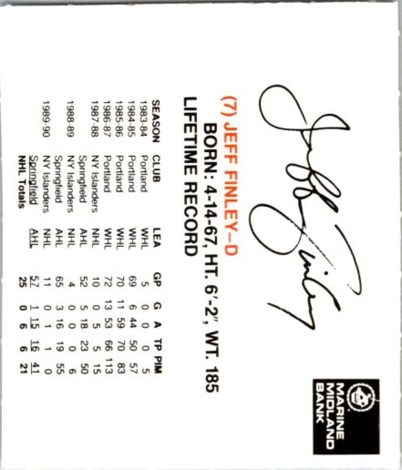 1990-91 New York Islanders Marine Midland Bank #7 Jeff Finley V54402 Image 2