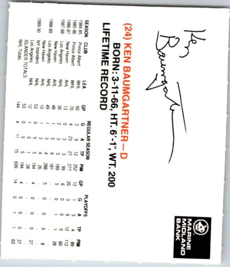 1990-91 New York Islanders Marine Midland Bank #24 Ken Baumgartner V54407 Image 2