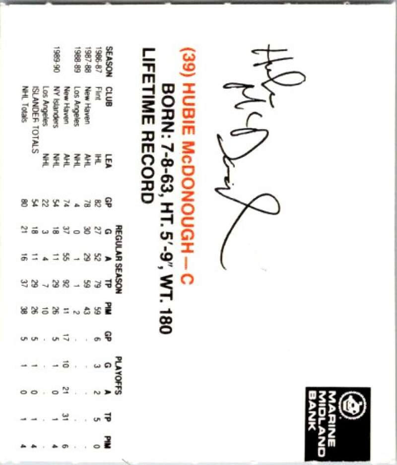 1990-91 New York Islanders Marine Midland Bank # 39 Hubie McDonough V54413 Image 2