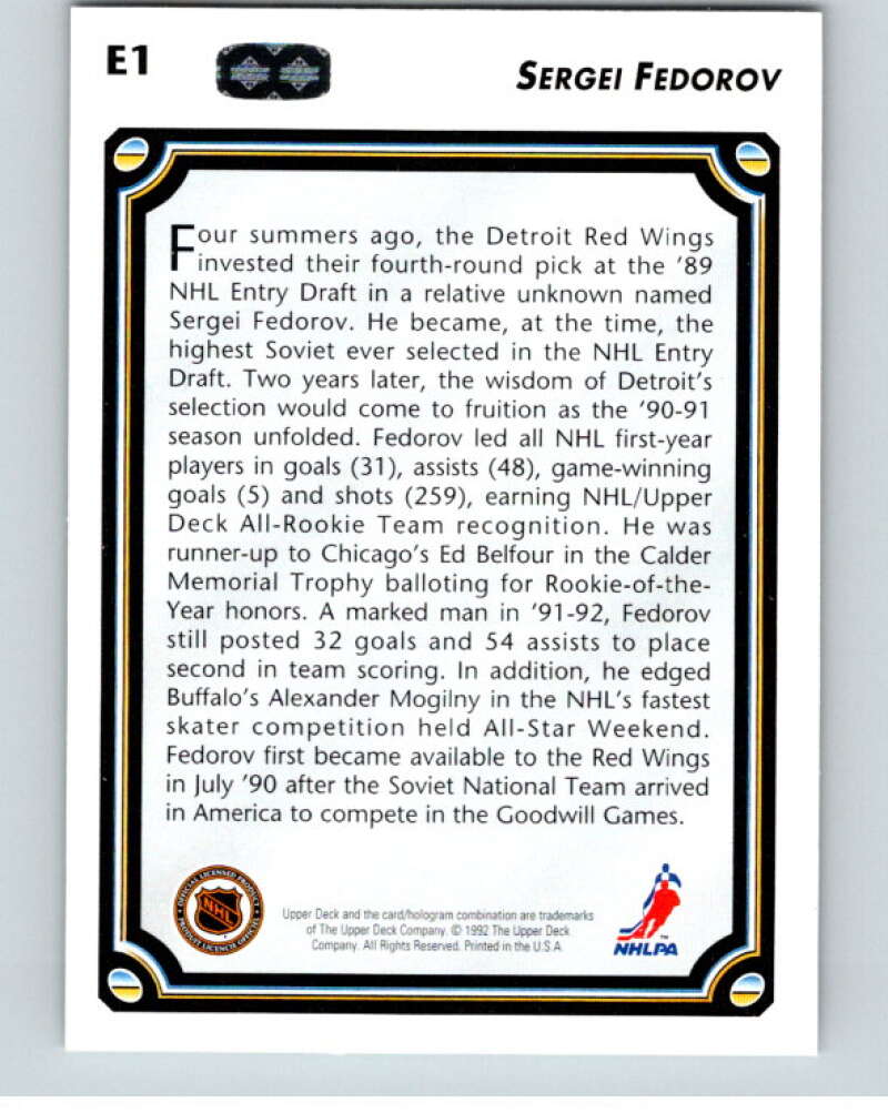 1992-93 Upper Deck Euro-Stars #E1 Sergei Fedorov Detroit Red Wings V54414 Image 2