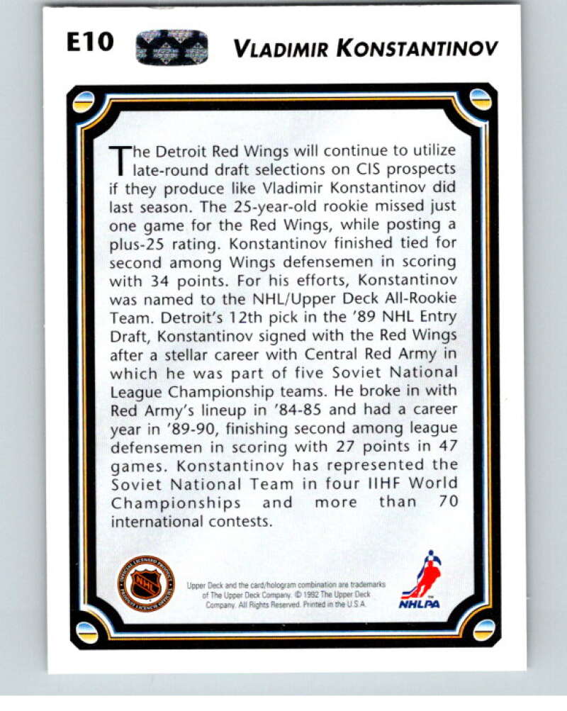 1992-93 Upper Deck Euro-Stars #E10 Vlad. Konstantinov Detroit Red Wings V54426 Image 2