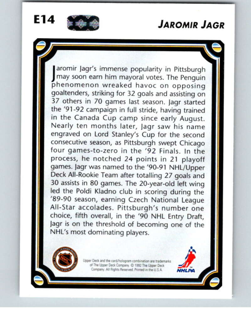 1992-93 Upper Deck Euro-Stars #E14 Jaromir Jagr Pittsburgh Penguins V54428 Image 2
