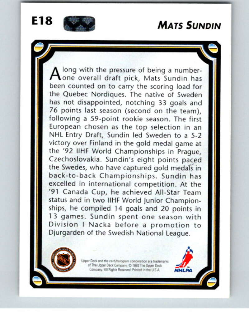 1992-93 Upper Deck Euro-Stars #E18 Mats Sundin Quebec Nordiques V54432 Image 2