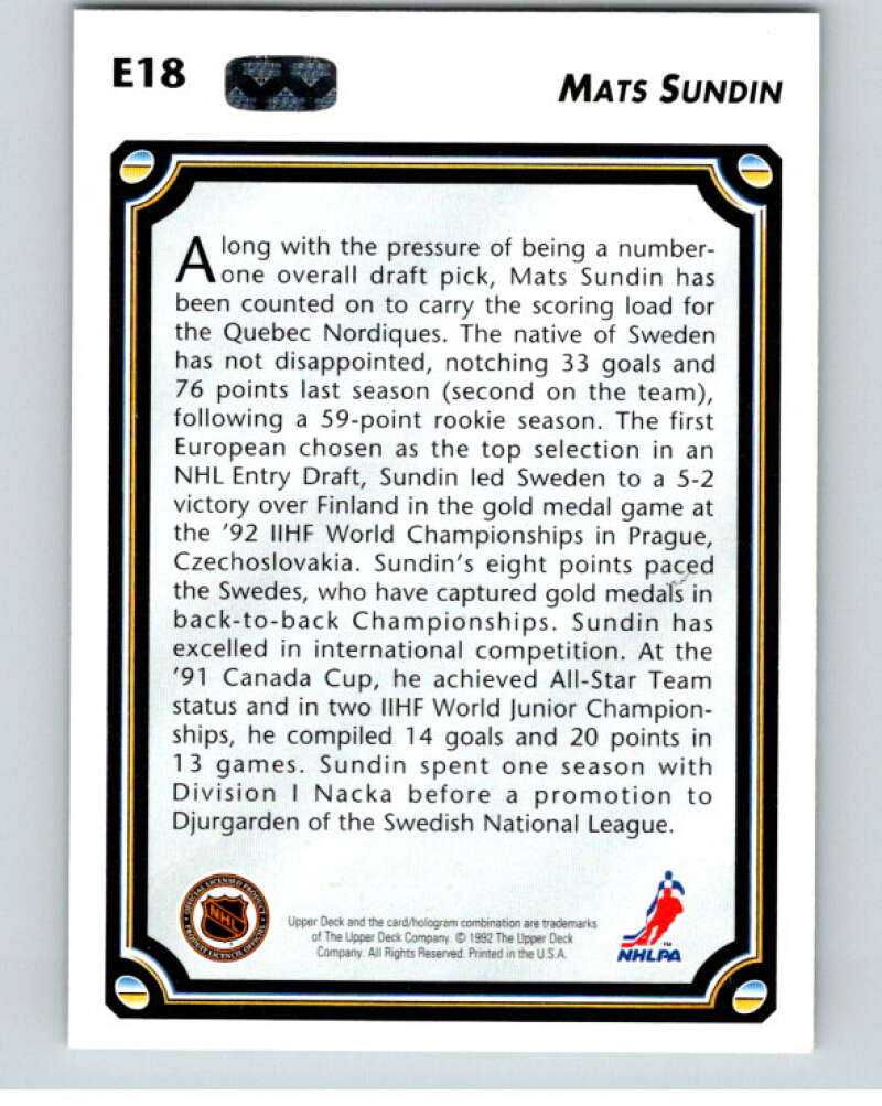 1992-93 Upper Deck Euro-Stars #E18 Mats Sundin  Quebec Nordiques  V54432 Image 2