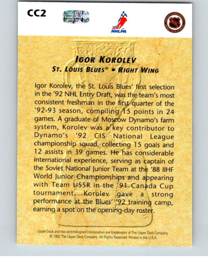 1992-93 Upper Deck Calder Candidates #CC2 Igor Korolev St. Louis Blues V54456 Image 2
