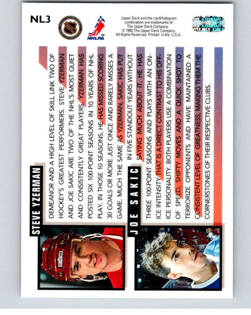 1993-94 Upper Deck Next In Line #NL3 Joe Sakic/Steve Yzerman V54514 Image 2
