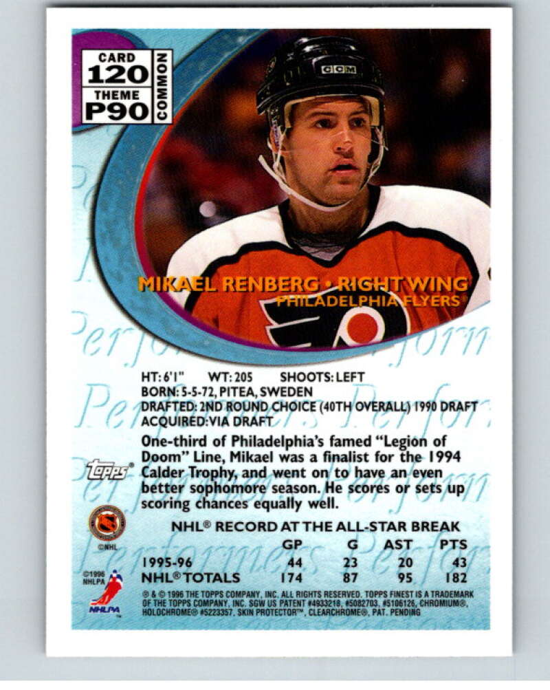 1995-96 Topps Finest #120 Mikael Renberg Philadelphia Flyers V54555 Image 2
