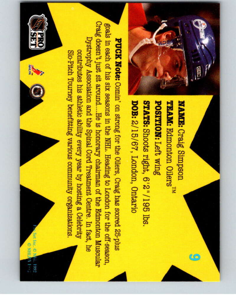 1991-92 Pro Set Puck Candy #9 Craig Simpson Edmonton Oilers V54604 Image 2