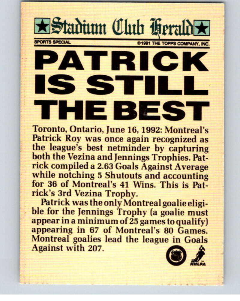 1991-92 Topps Stadium Club Members Only #50 Patrick Roy V54660 Image 2