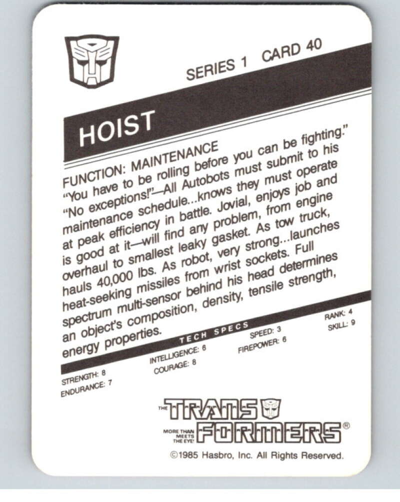 1985 Hasbro Transformers #40C Hoist V54742 Image 2