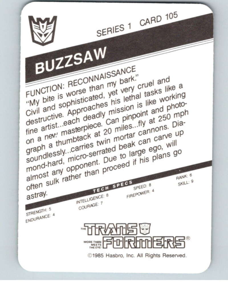 1985 Hasbro Transformers #105A Buzzsaw V54759 Image 2
